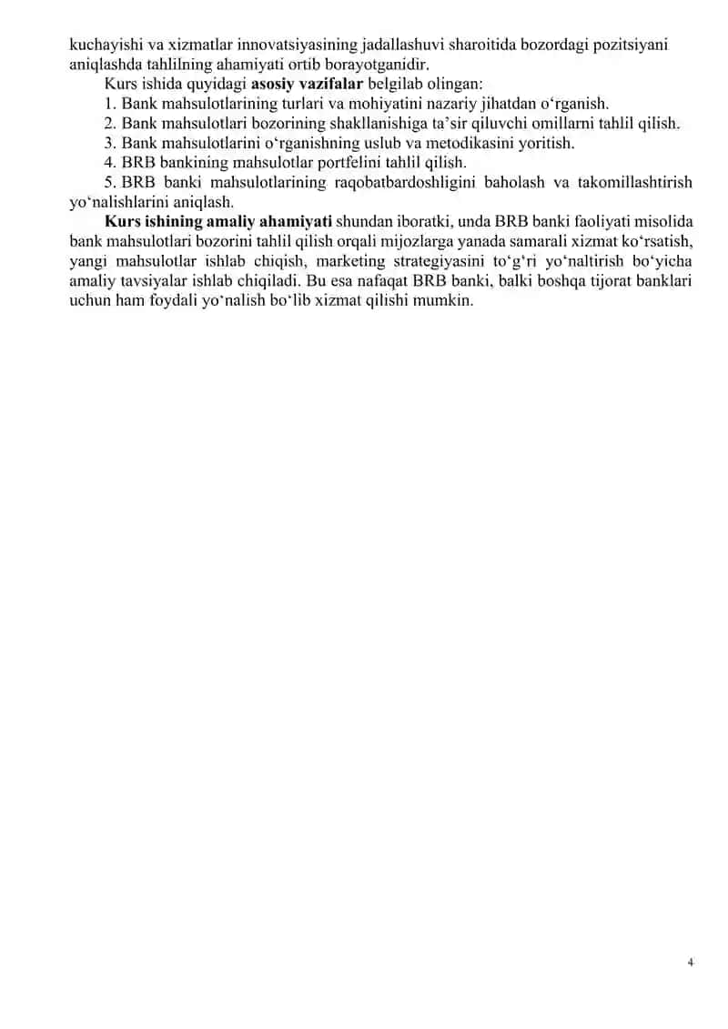 Bank Mahsulotlari Bozori va Ularni O‘rganishning Nazariy Asoslari.BRB bankining iste'mol krediti bo'yicha.BANK MAHSULOTLARI BOZORI VA ULARNI O‘RGANISHNING NAZARIY ASOSLARI raqobatchilar 4