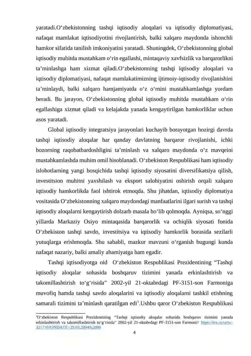 O‘zbekistonning Tashqi Iqtisodiy Aloqalarining Rivojlanishi 4
