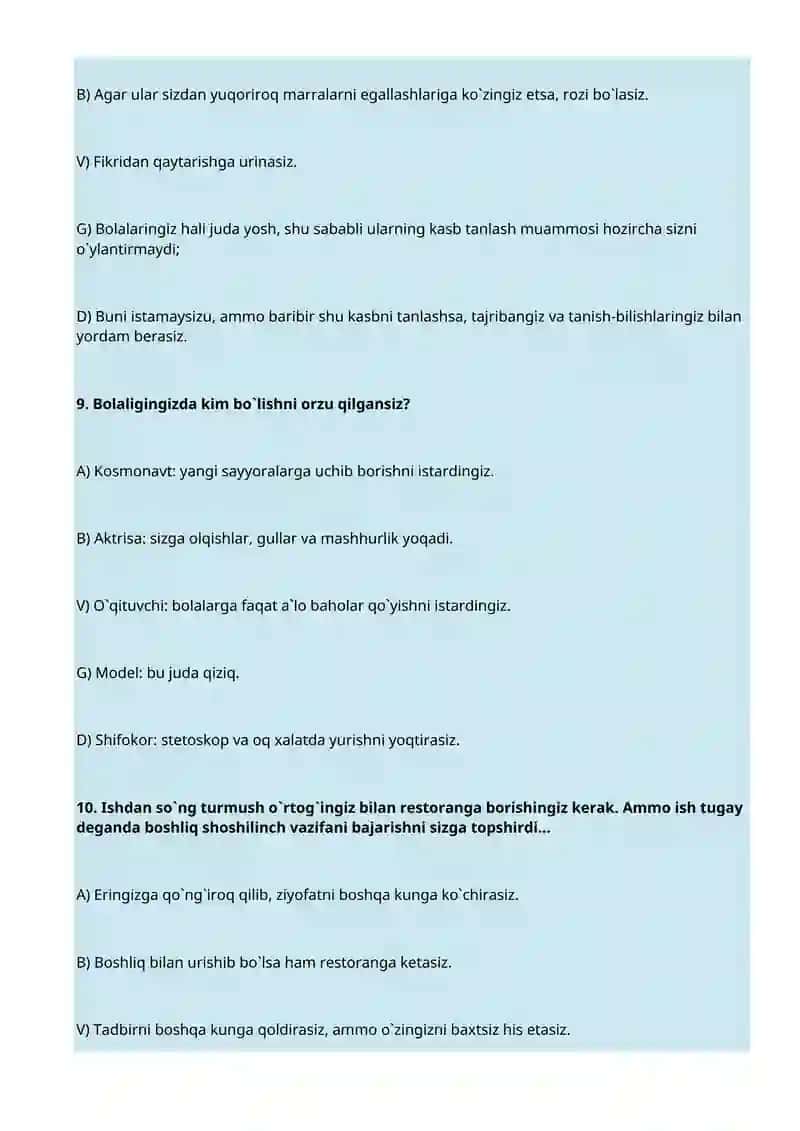 KASBINGIZ O`ZINGIZGA MUNOSIBMI? (PSIXOLOGIK TEST) 4