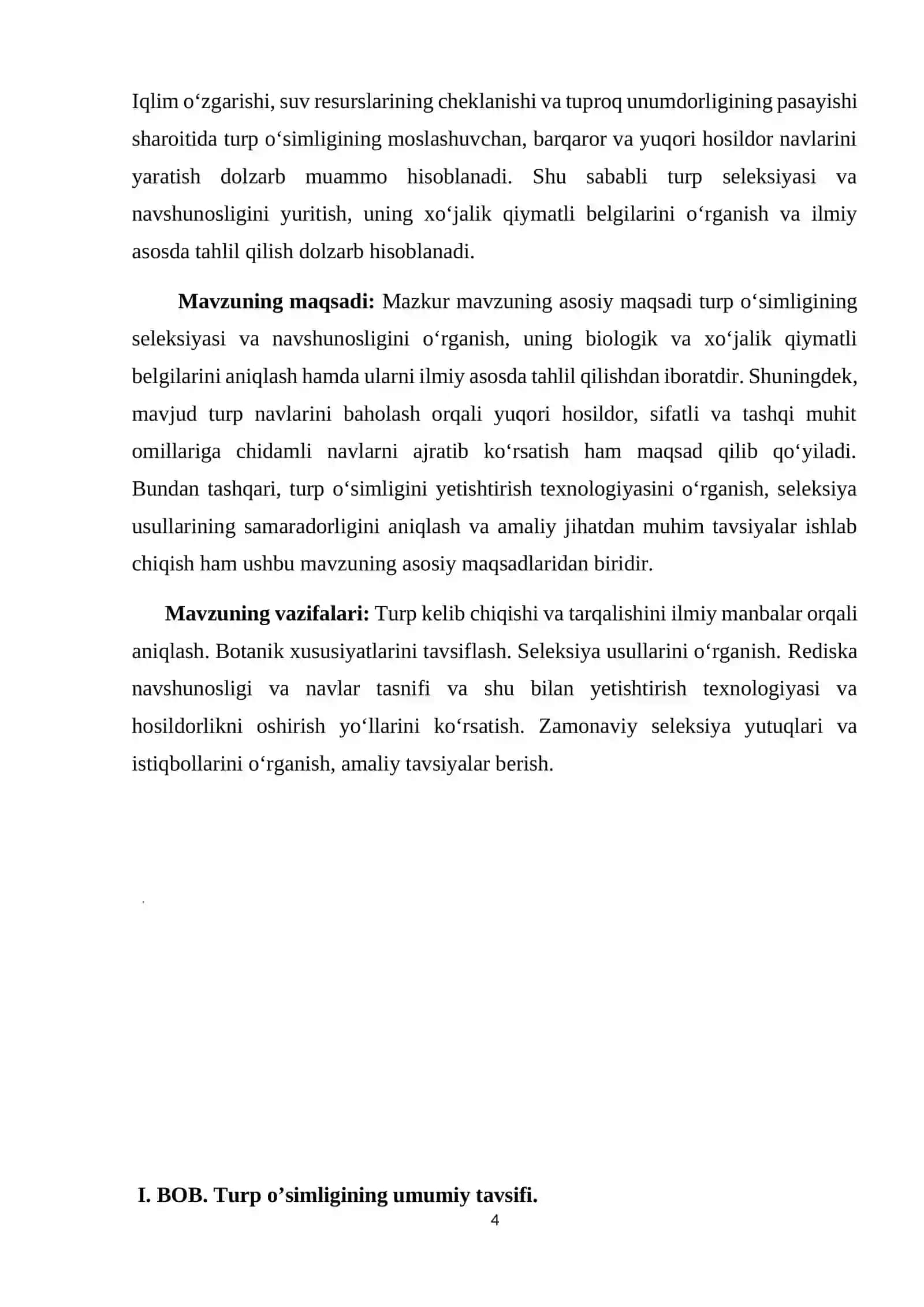 Turp seleksiyasi va navshunosligi yuritish, xo’jalik qimmatli belgilarini o’rganish va tahlil qilish mavzusida kurs ishi. 4