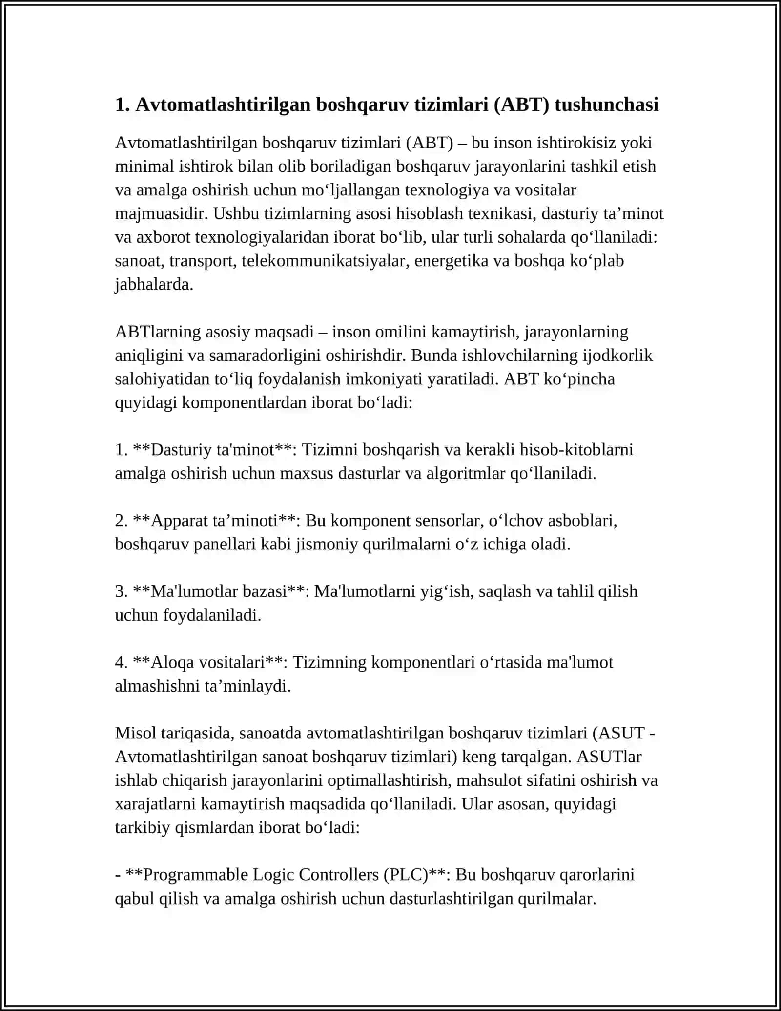 KICHIK HAJMDAGI NAZORAT QILINAYOTGAN PARAMETRLARGA EGA BO'LGAN TEXNOLOGIK QURILMALARNING ABT LARI TO'G'RISIDA MA'LUMOT BERING 4