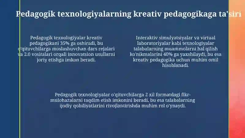Kreativ pedagogika fanini o'qitishda pedagogik texnalogiyalardan foydalanish 4