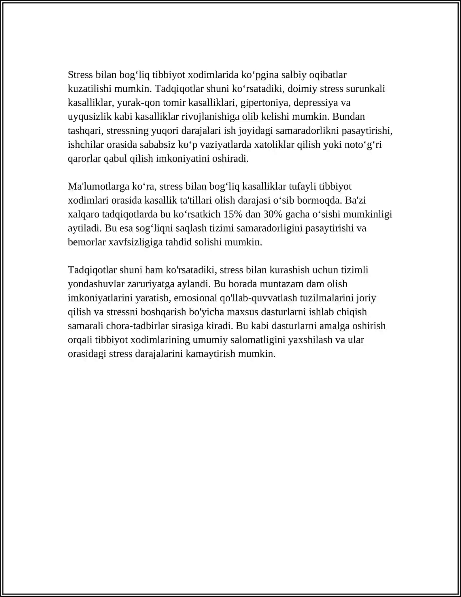 TIBBIYOT XODIMLARIDA EMOTSIONAL HOLATLARNING O‘ZIGA XOSLIGI: STRESS VA UNING BOSQICHLARI, BARTARAF ETISH YO‘LLARI 4