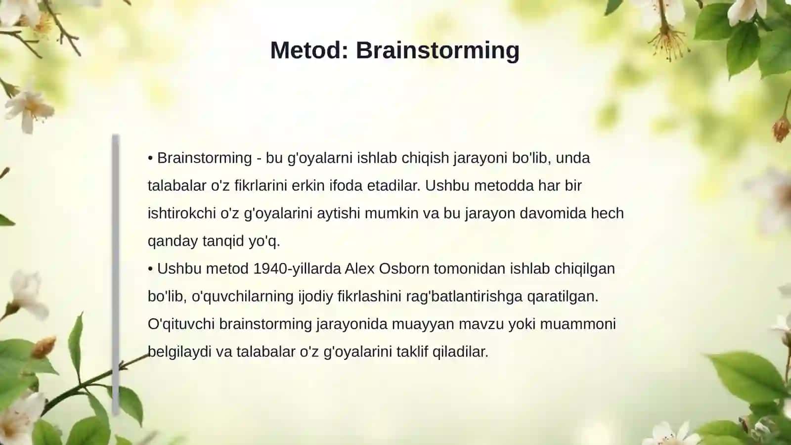 Texnologiya ta'limi nazariyasi va metodikasi fani uchun 10 ta interfaol metodni o'tkazish tartibi bilan yorit 4