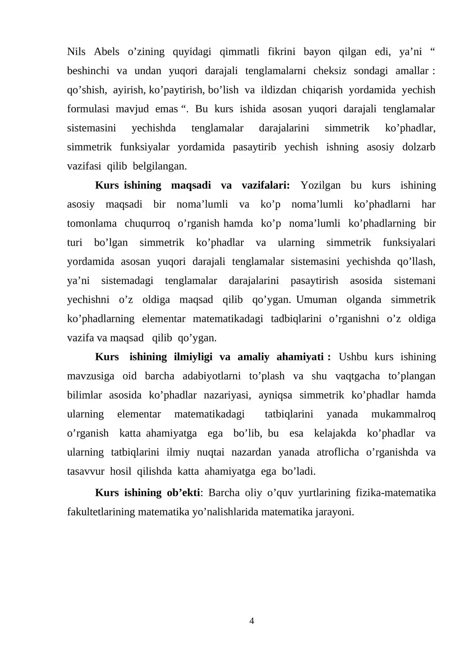 "Ko‘p o‘zgaruvchili ko‘phadlar halqasi. Ko‘phadlar halqasining izomorfizmi" kurs ishi 4