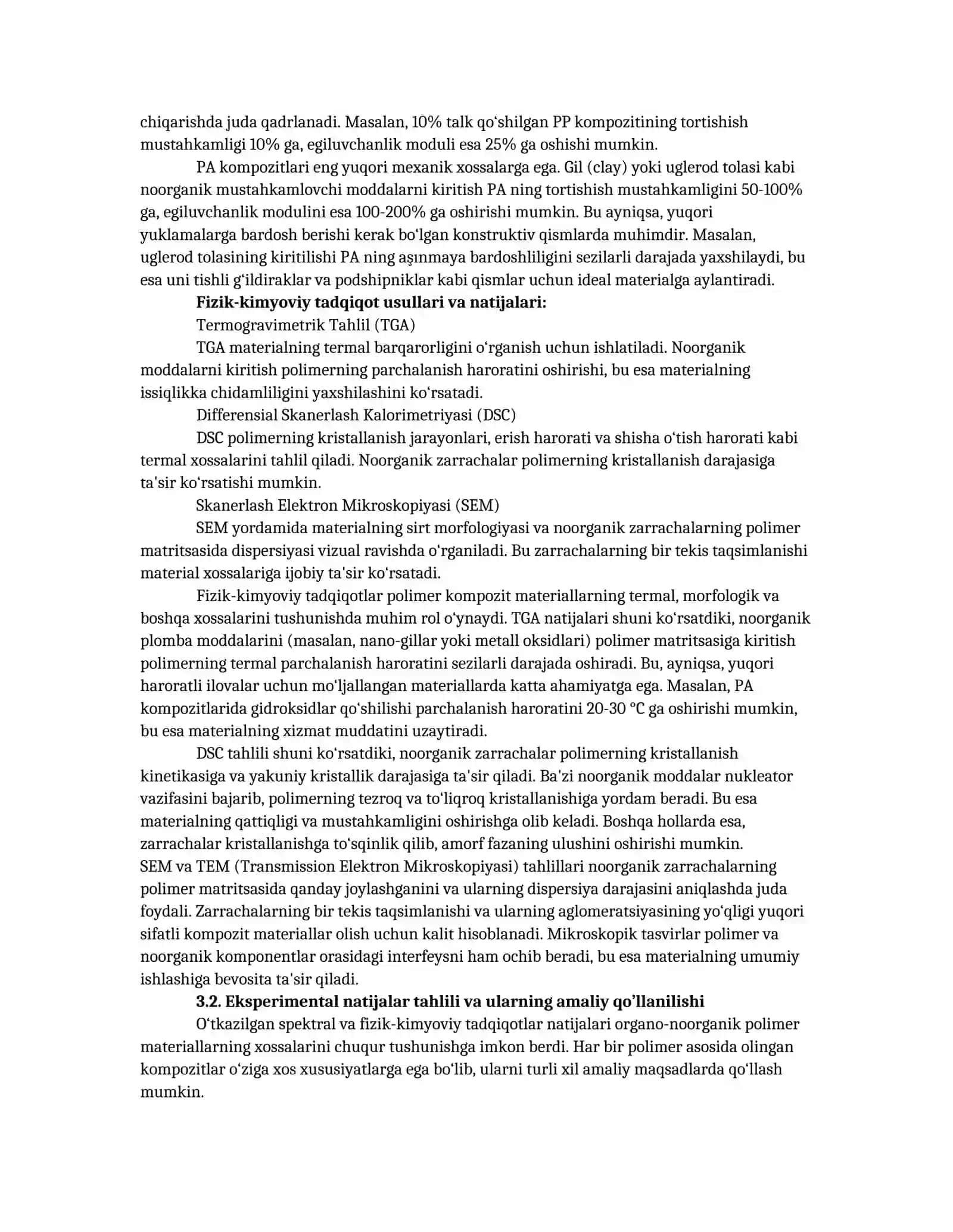 Ushbu bobda polietilen, polipropilen va poliamid asosida olingan organo-noorganik polimer materiallarning spektral ta'lili va fizik-kimyoviy tadqiqotlari 4