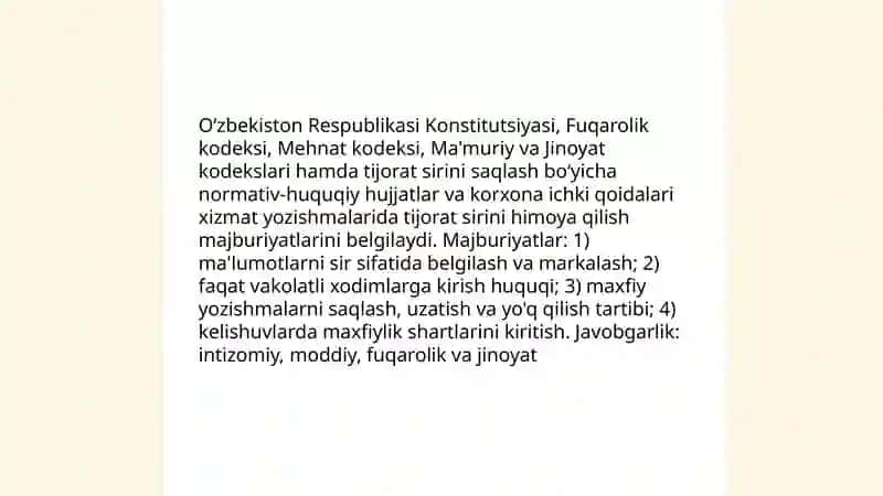 Xizmat yozishmalari etikasi yozishmalarda tijorat siriga amal qilishning huquqiy asoslari Zaripov.J 4