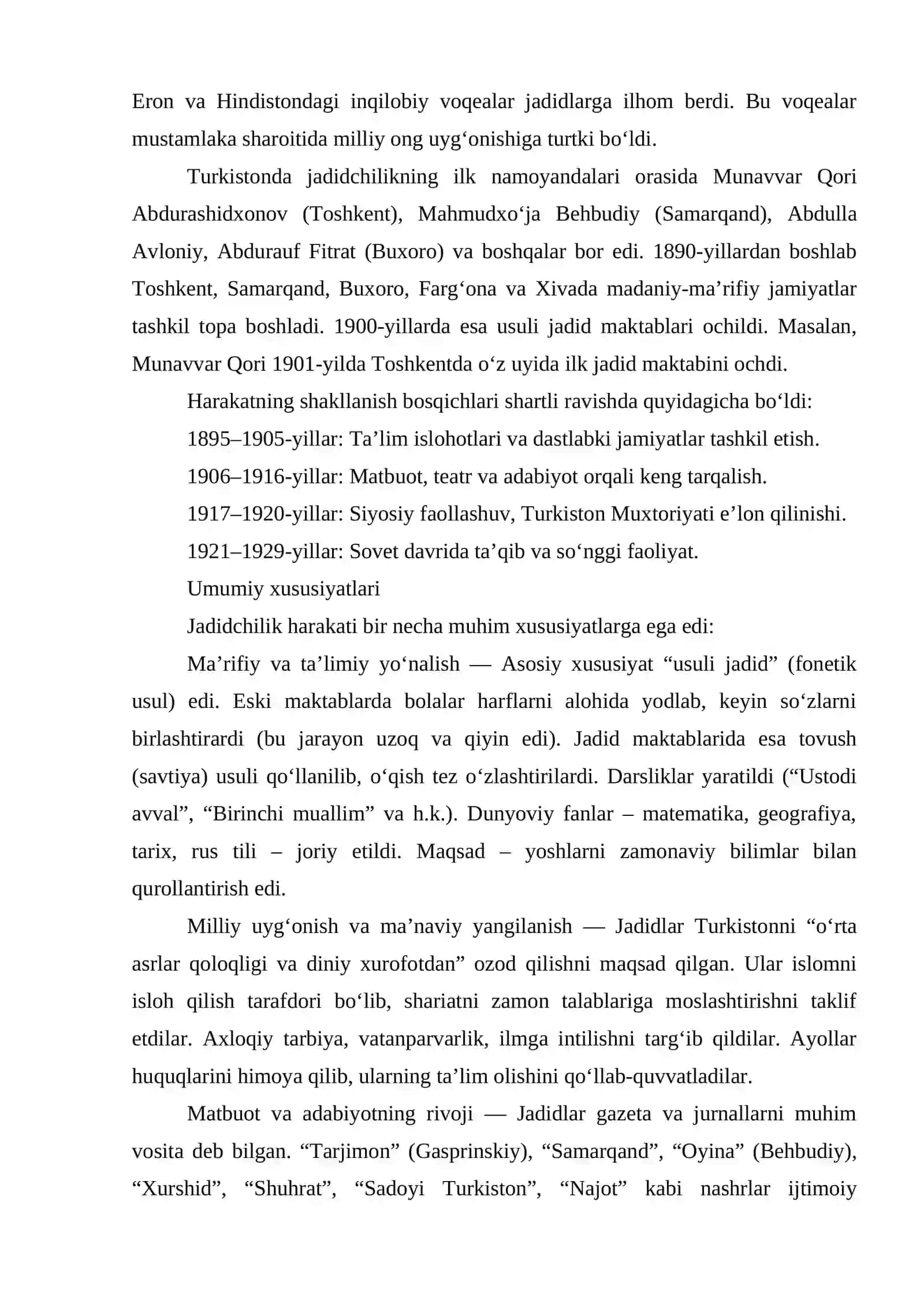 Jadid ma'rifatparvarlarining o'lka ijtimoiyma'naviy hayotida tutgan o'rni (Munavvar Qori,Fitrat,Behbudiy,Avloniy va boshqalar) 4