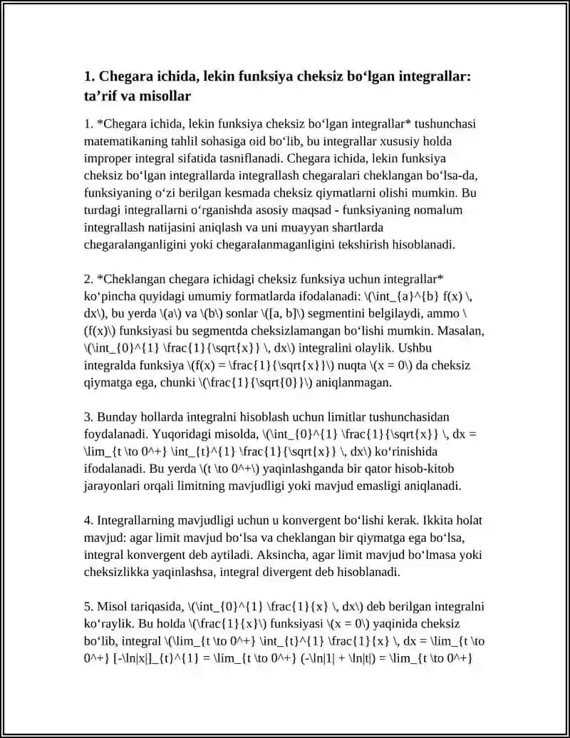SHEGARASI SHEKSIZ MÁS EMES INTEGRALLAR. SHEKLENBEGEN FUNKSIYANIN MÁS EMES INTEGRALIN ESAPLAW 4