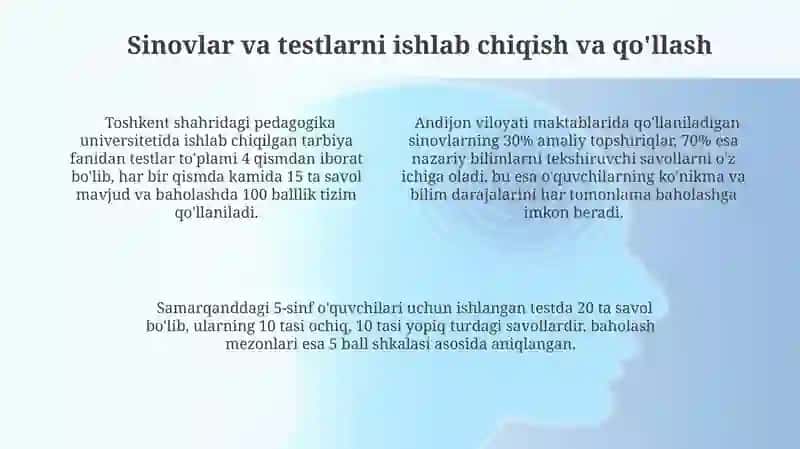 Tarbiya fanini o'qitish jarayonida o' quvchilarning bilim ko'nikma malakalarini baholash 4