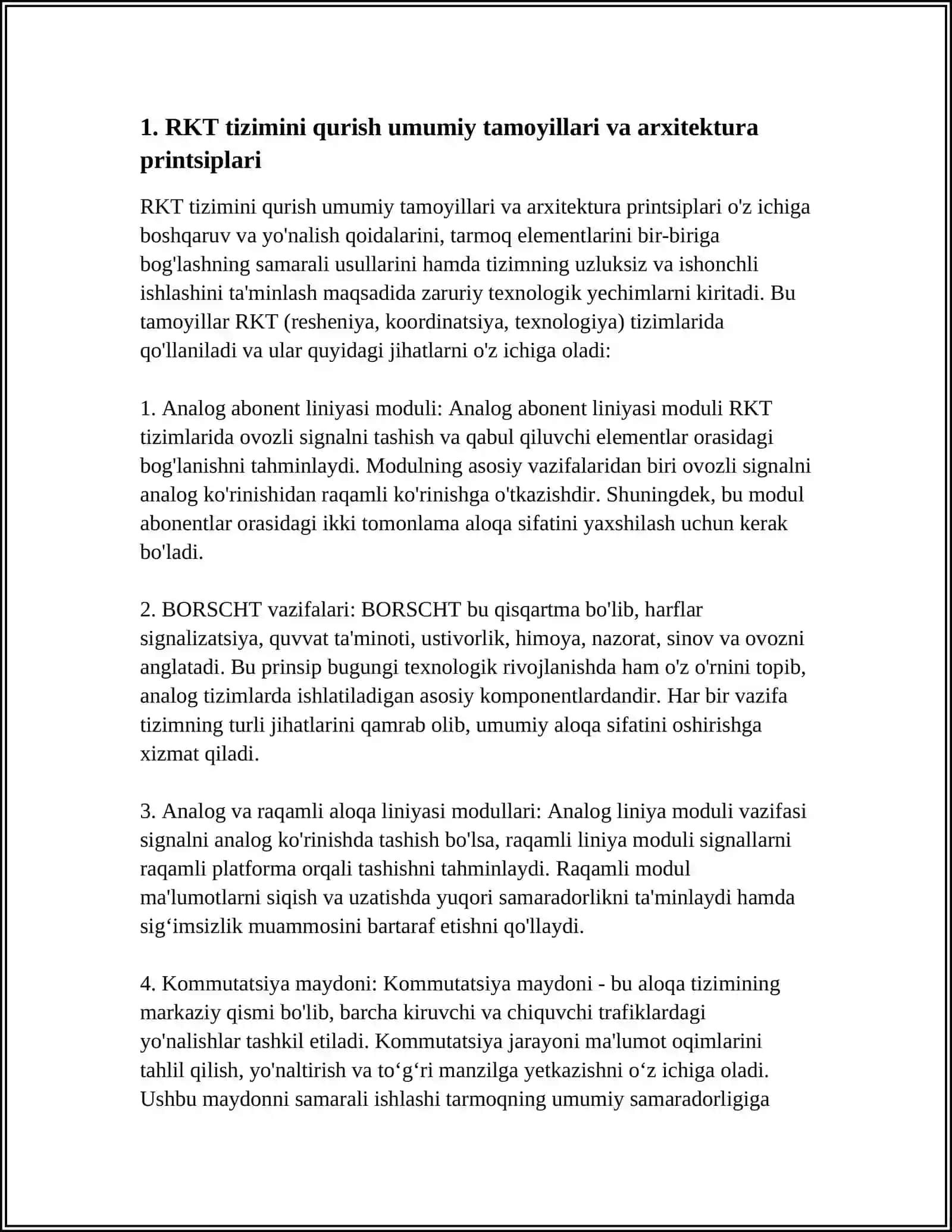 RKT –TIZIMINI QURISH UMUMIY TAMOYILLARI - ANALOG ABONENT LINIYASI MODULI, BORSCHT VAZIFALARI, ANALOG VA RAQAMLI ALOQA LINIYASI MODULLAR, KOMMUTATSIYA MAYDONI, BOSHQARUV QURILMASI 4