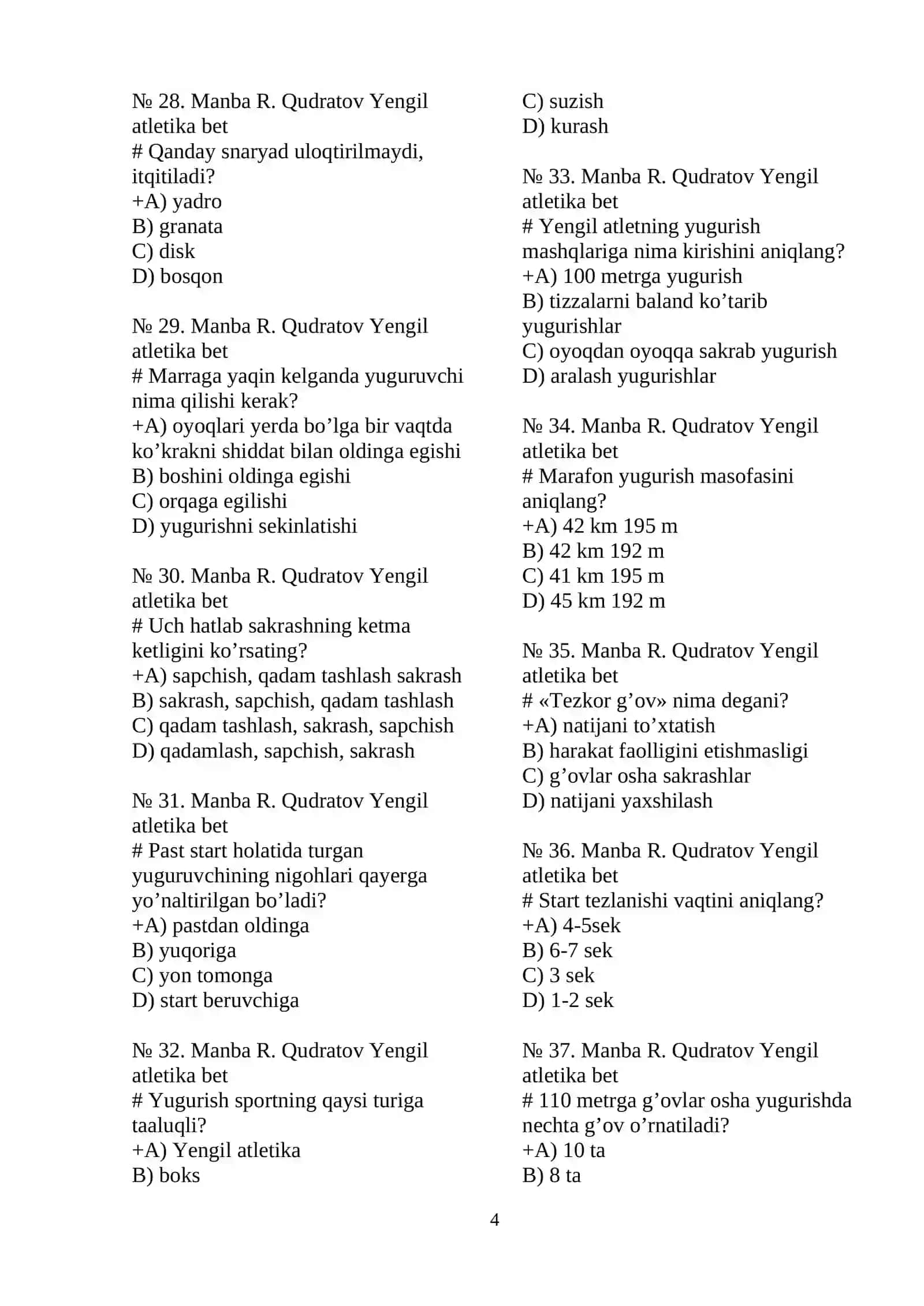 Yengil atletika va uni o’qitish metodikasi” test savollari 4