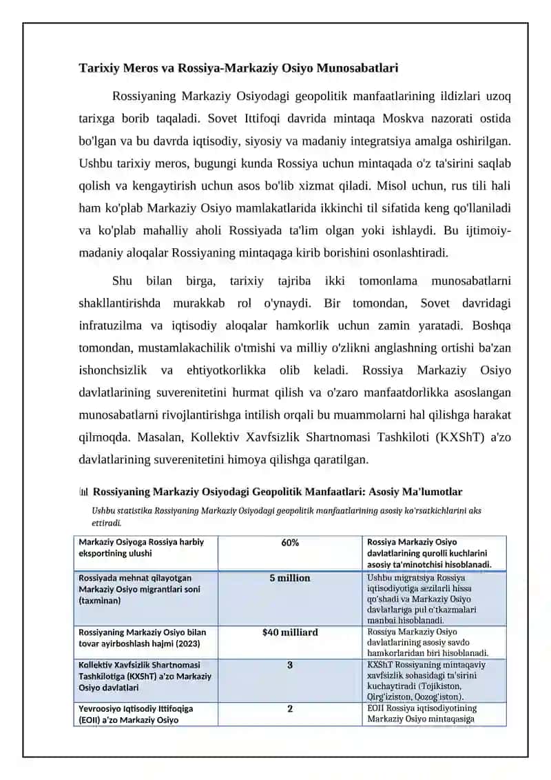 Rossiyaning Markaziy Osiyodagi geopolitik manfaatlari: tarix, xavfsizlik va iqtisodiyot 4