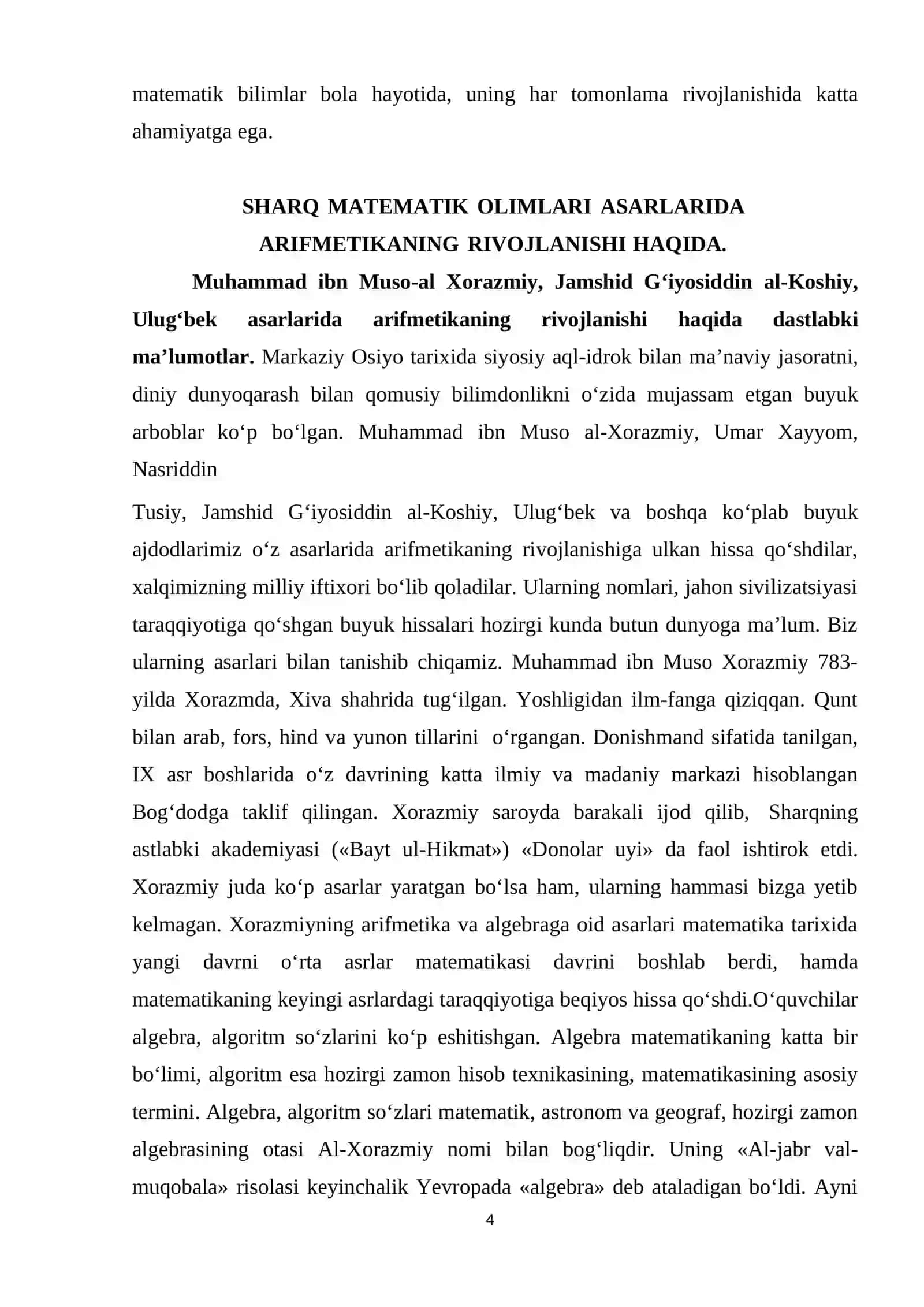 SHARQ MATEMATIK OLIMLARINING ASARLARIDA ARIFMETIKANING RIVOJLANISHI HAQIDAGI ILMIY, NAZARIY QARASHLARI 4