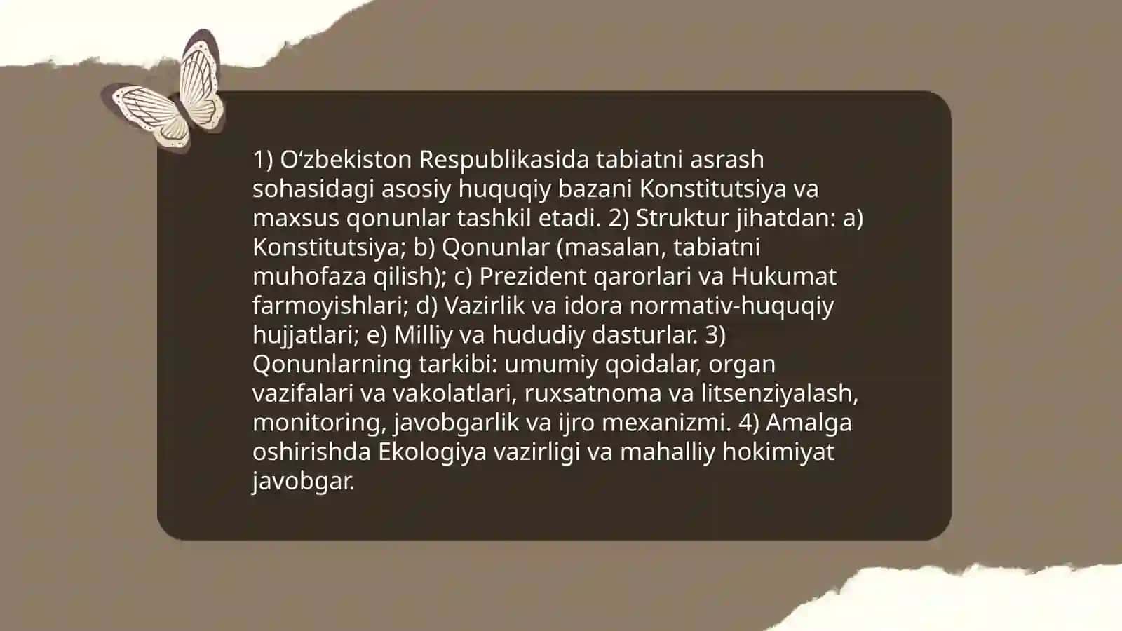O'zbekiston respublikasi tabiatni asrashga doir qonunlarni o'rgatish tahlil qilish 4