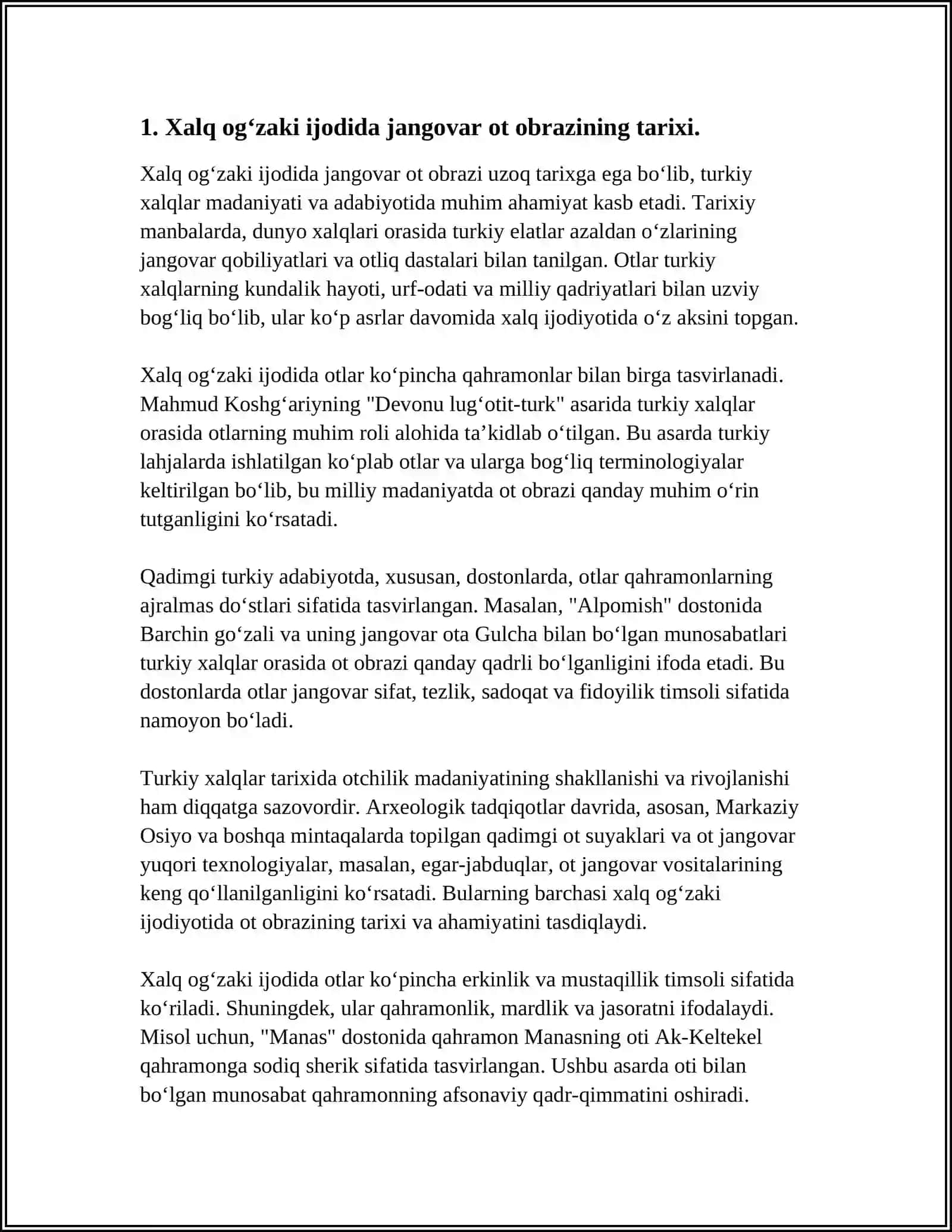 XALQ OG‘ZAKI IJODI XALQ QADRIYATLARINING TARKIBIY QISMI SIFATIDA JANGOVAR OT OBRAZINING TARIXIY ASOSLARI VA BADIIY TALQINI 4