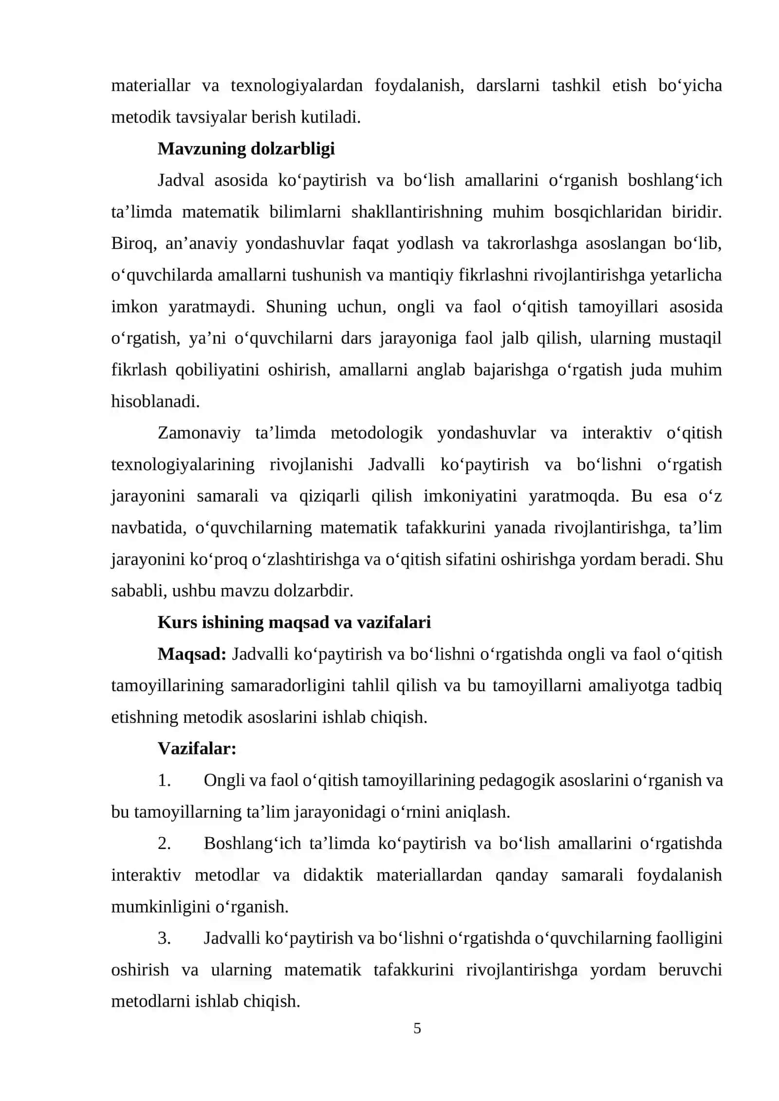 JADVALI KO'PAYTIRISH VA BO'LISHNI O'RGATISHDA O'QUVCHILARNING MUSTAQIL ISHLARINI TASHKIL QILISH 4