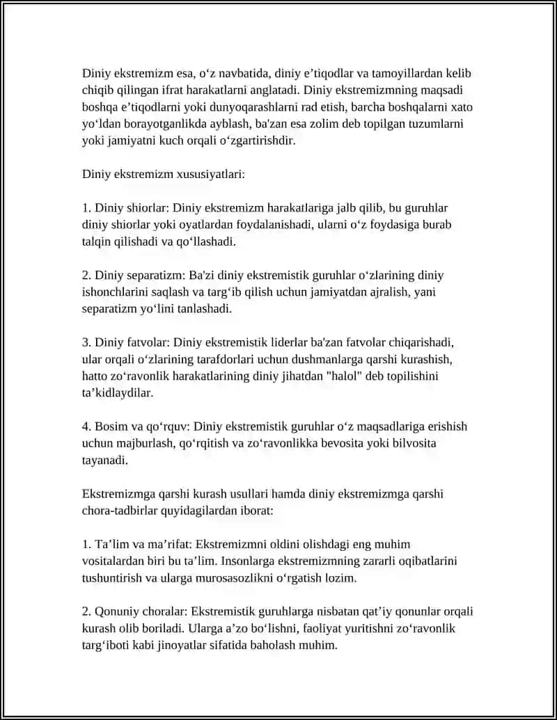 EKSTREMIZM TUSHUNCHASI. DINIY EKSTREMIZM, UNING MAZMUNI, MAQSADI VA KURASH USULLARI 4