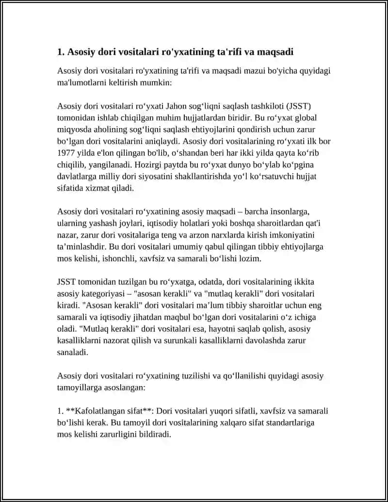 ASOSIY DORI VOSITALAR RO'YXATINI DORI TA'MINOTI TIZIMDAGI O'RNI VA AHAMIYATI SHIFOXONADA FORMULYAR TIZIMNI QO'LLANILISHI 4