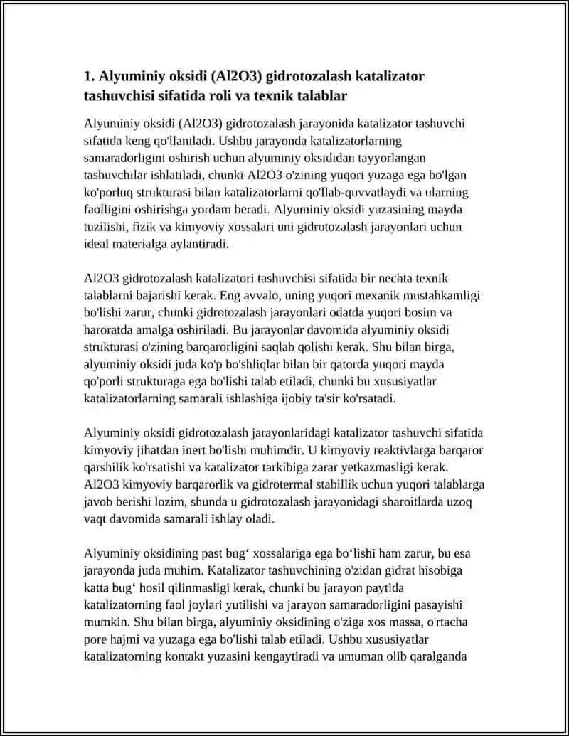 GIDROTOZALASH JARAYONIDA KATALIZATOR TASHUVCHI SIFATIDA QO‘LLANILADIGAN ALYUMINIY OKSIDINI TAYYORLASH USULI 4