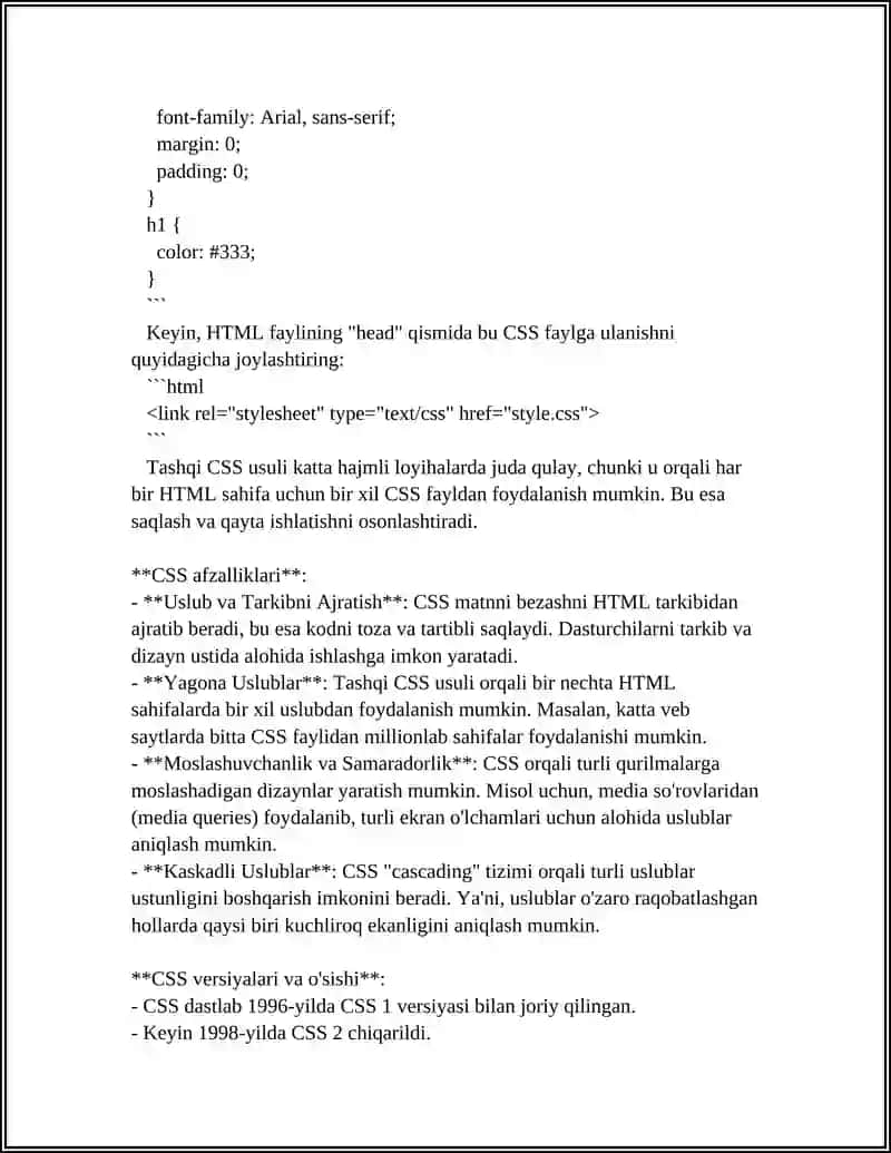HTML SAHIFAGA CSS ORNATISH.SELEKTOR, KLASS VA IDENTIFIKATORLARNI YARATISH. CSS DA MATNGA STIL BERISH.CSS DA ROYXATGA STIL BERISH 4
