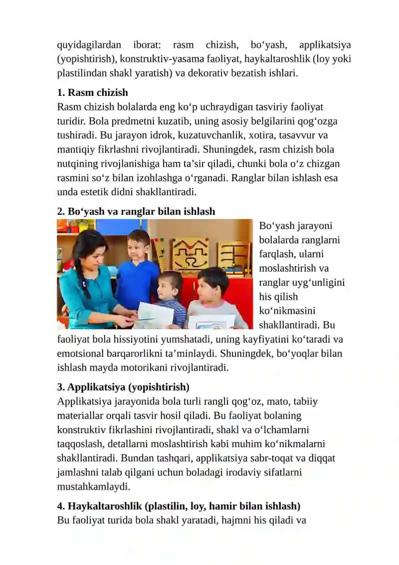 Maktabgacha yoshdagi bolalarni tasviriy faoliyatlarining o‘ziga xos xususiyatlari Referati 4