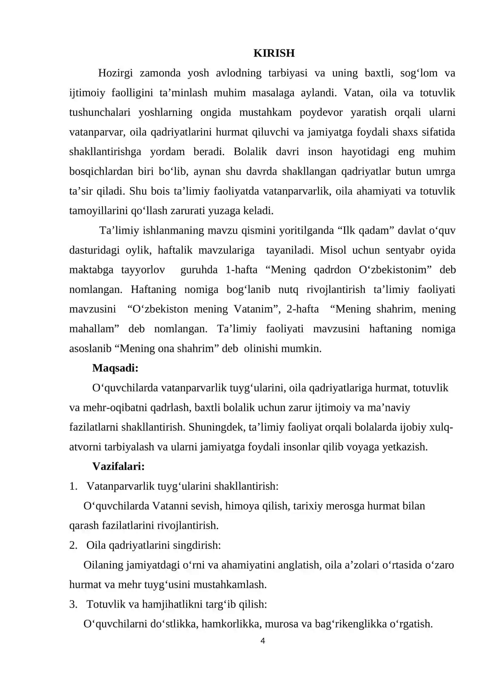 “ Vatan oila va totuvlik, baxtli bolalik poydevori" boʻyicha taʼlimiy faoliyatni tashkil etishda tavsiyalar” mavzusidagi Malaka ishi 4