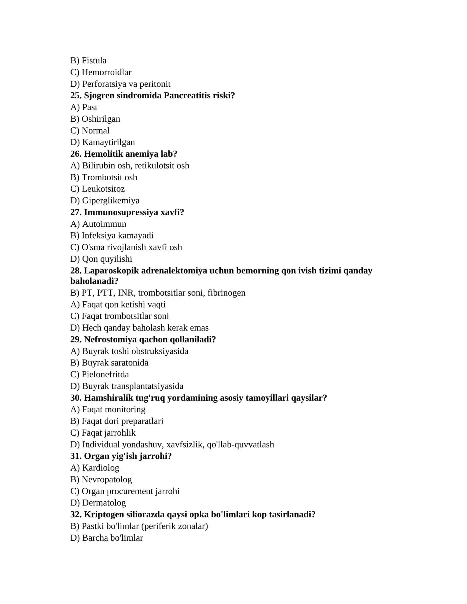 Shifokorlar uchun savollar TAYYORGARLIK TEST TO'PLAMI (Terapiya, Jarrohlik, Akusherlik-ginekologiya) 4