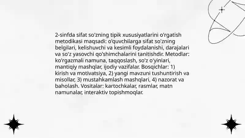 Sifat so'z turkumlarini o'rganish darslari yuzasidan 1-4-sinflar uchun metodik tavsiyalar ishlab chiqish 4