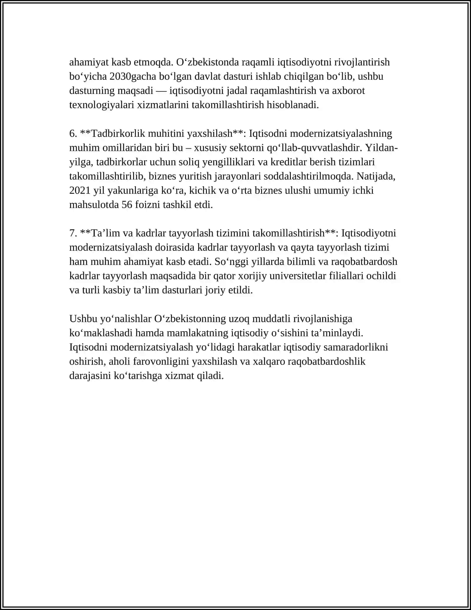 MUSTAQIL ISH Mavzu: IQTISODIYOTNI MODERNIZATSIYALASH SHAROITIDA OʼZBEKISTONGA XORIJIY INVESTITSIYALARNI JALB ETISH MUAMMOLARI 4
