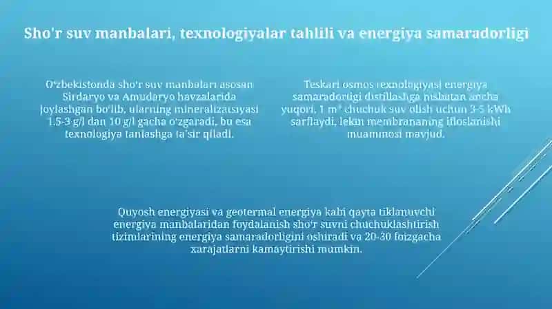 O'zbekistonda sho'r suvni chuchuklashtirish: Texnologiyalar, manbalar va istiqbollar 4
