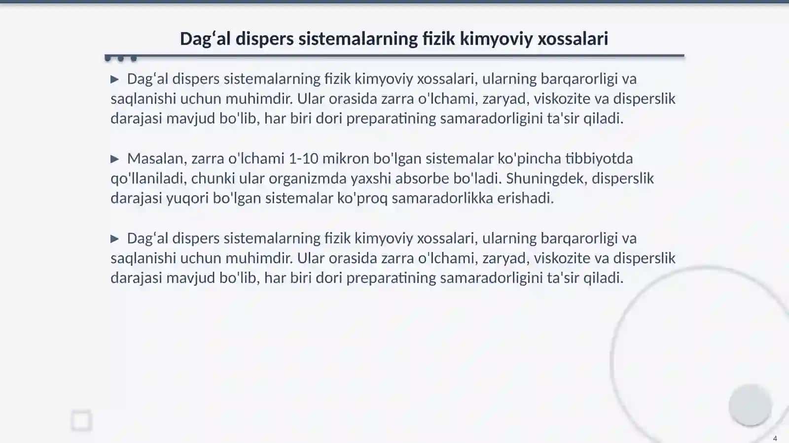 Dagʻal dispers sistemalarning xossalari va ularni tibbiyot va farmakalogiyada ishlatilishi 4