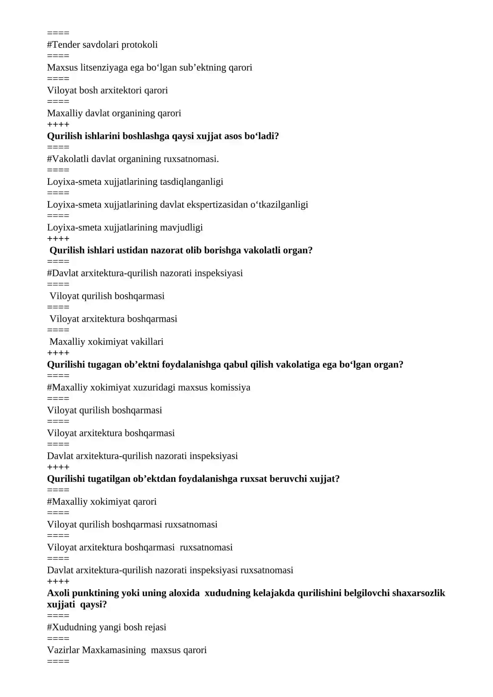 ARXITEKTURA ISHLARIDA MA'MURIY BOSHQARUV FANIDAN TEST SAVOL VA JAVOBI 4