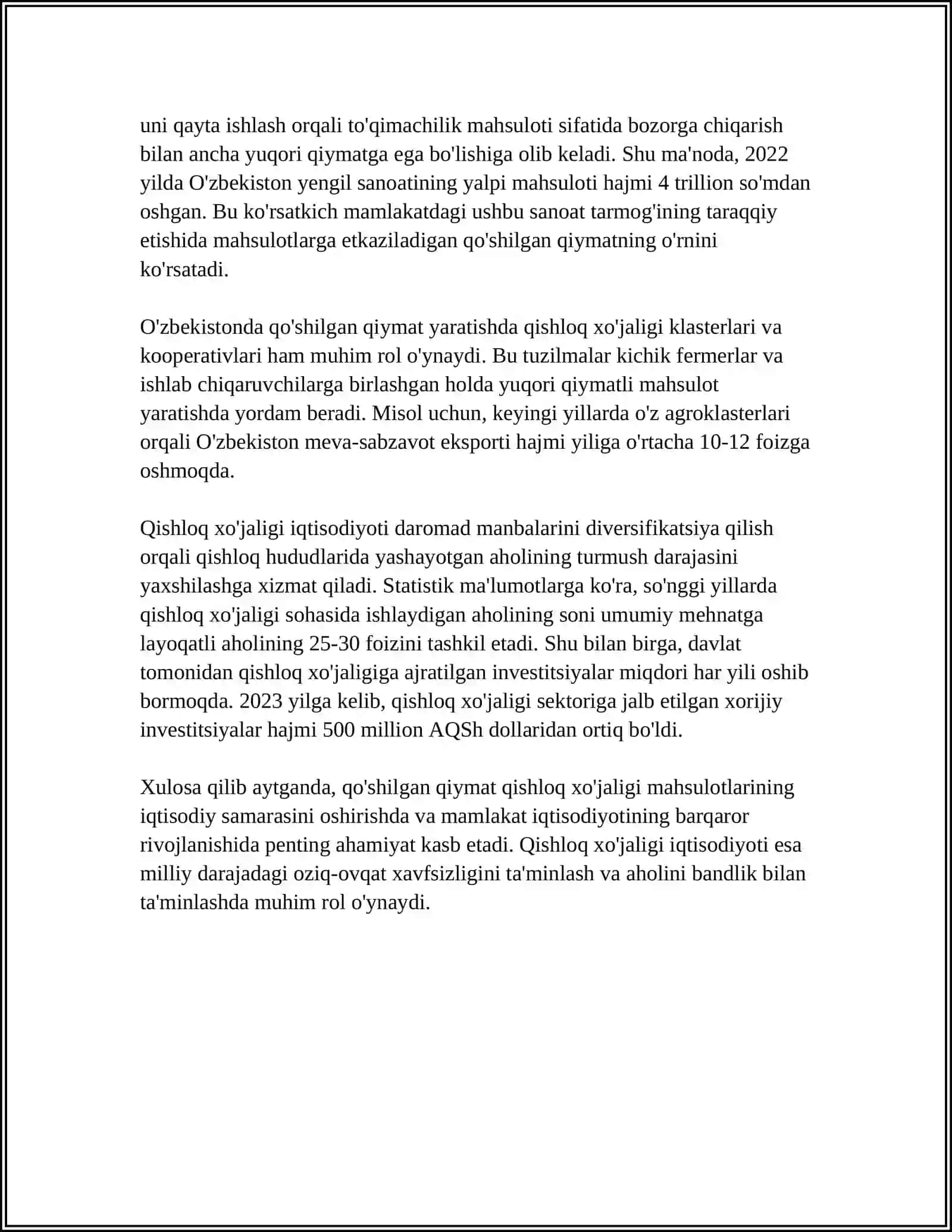 MUSTAQIL ISH Mavzu: QISHLOQ XO'JALIGIDA QO'SHILGAN QIYMAT ZANJIRINI RIVOJLANISH TARIXI 4