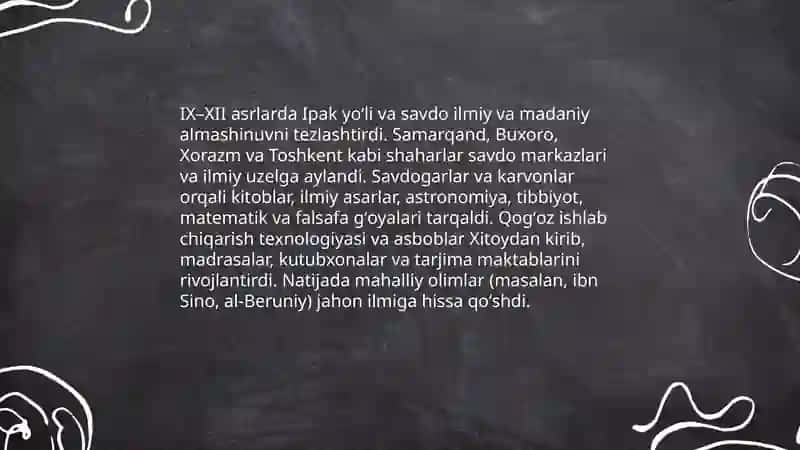 IX-XII asrlarda mamlakatimiz hududida roʻy bergan madaniy uyg'onish (Renessans). Buyuk allomalarning jahon sivilizatsiyasiga qoʻshgan hissasi 4
