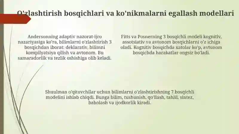 Faoliyatning oʻzlashtirilishi va malakalarni egallash 4