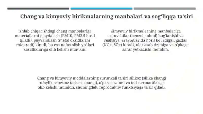 Ishlabchiqarish muhitida chang va kimyoviy birikmalarni aniqlash va baholash 4