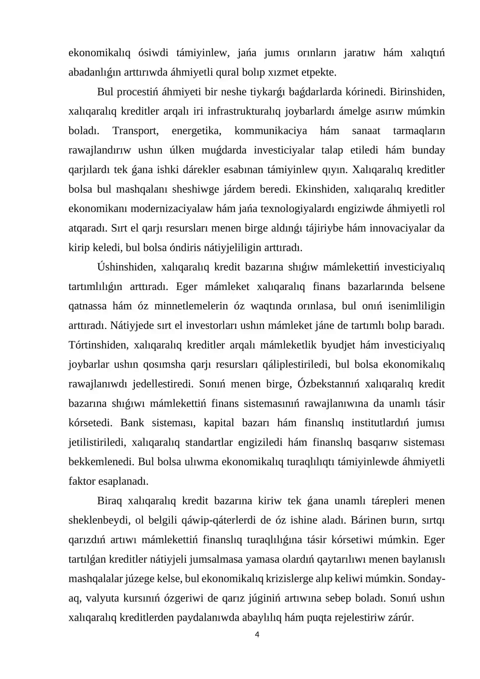 Ózbekstannıń xalıqaralıq kredit bazarındaǵı nátiyjeli qatnasıwı 4