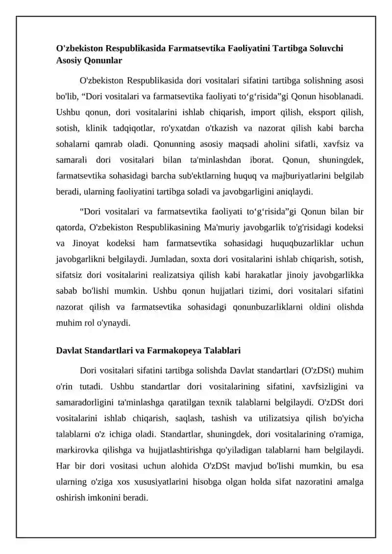 Dori vositalari sifatini tartibga soluvchi asosiy qonunchilik va me’yoriy hujjatlar 4