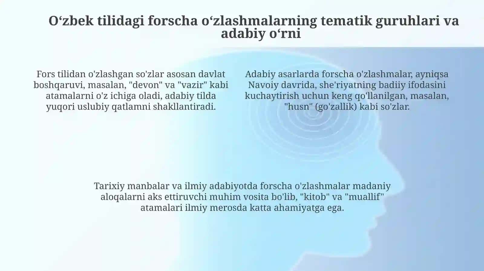 Oʻzbek tili leksikasida oʻzlashgan qatlam. Forscha oʻzlashmalar 4