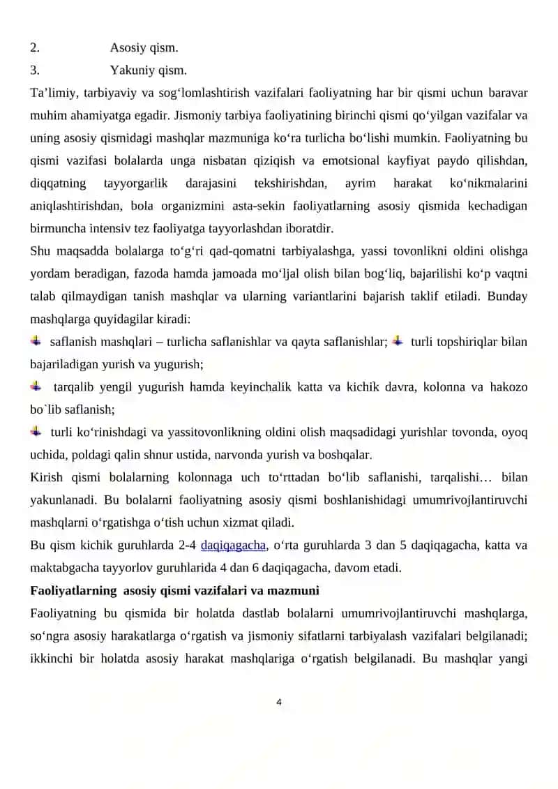 MAKTABGACHA TA’LIM TASHKILOTLARIDA JISMONIY TARBIYANI TASHKIL ETISH KURS ISHI 4