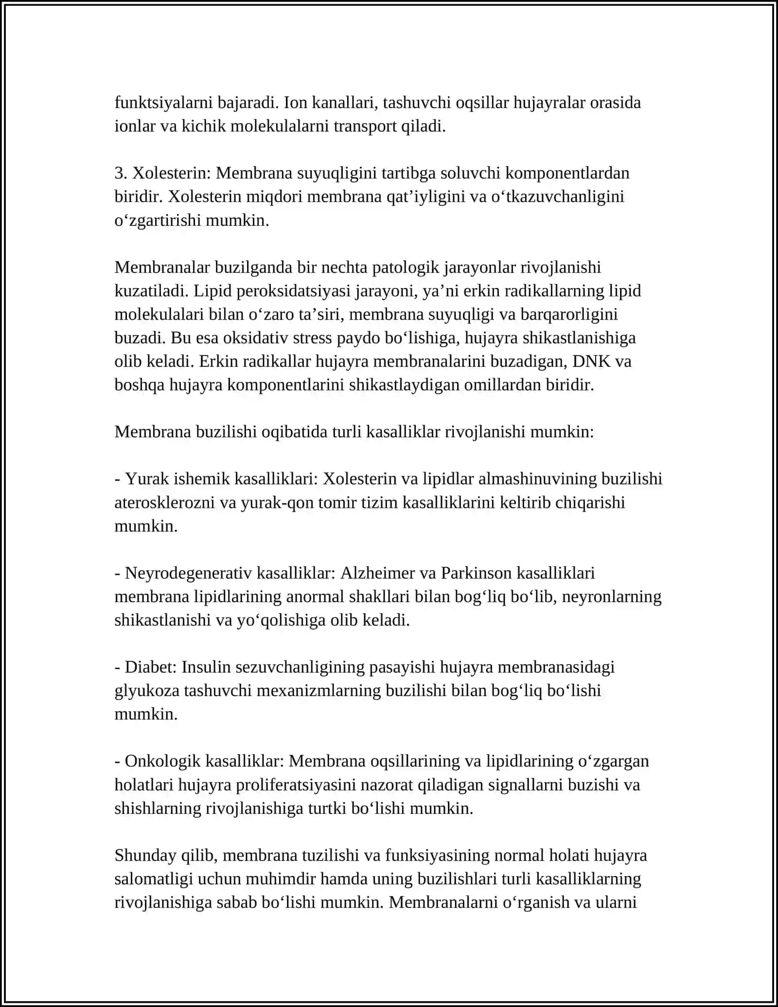 MEMBRANALAR BUZILISHI PATOLOGIK JARAYONLAR KELIB CHIQISHI DAGI O'RNI 4
