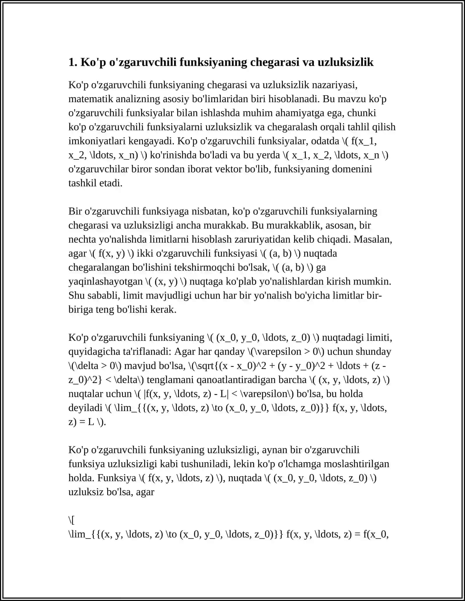 KOʻP OʻZGARUVCHILI FUNKSIYA, DEFFIRENSIAL VA XUSUSIY HOSILALAR 4