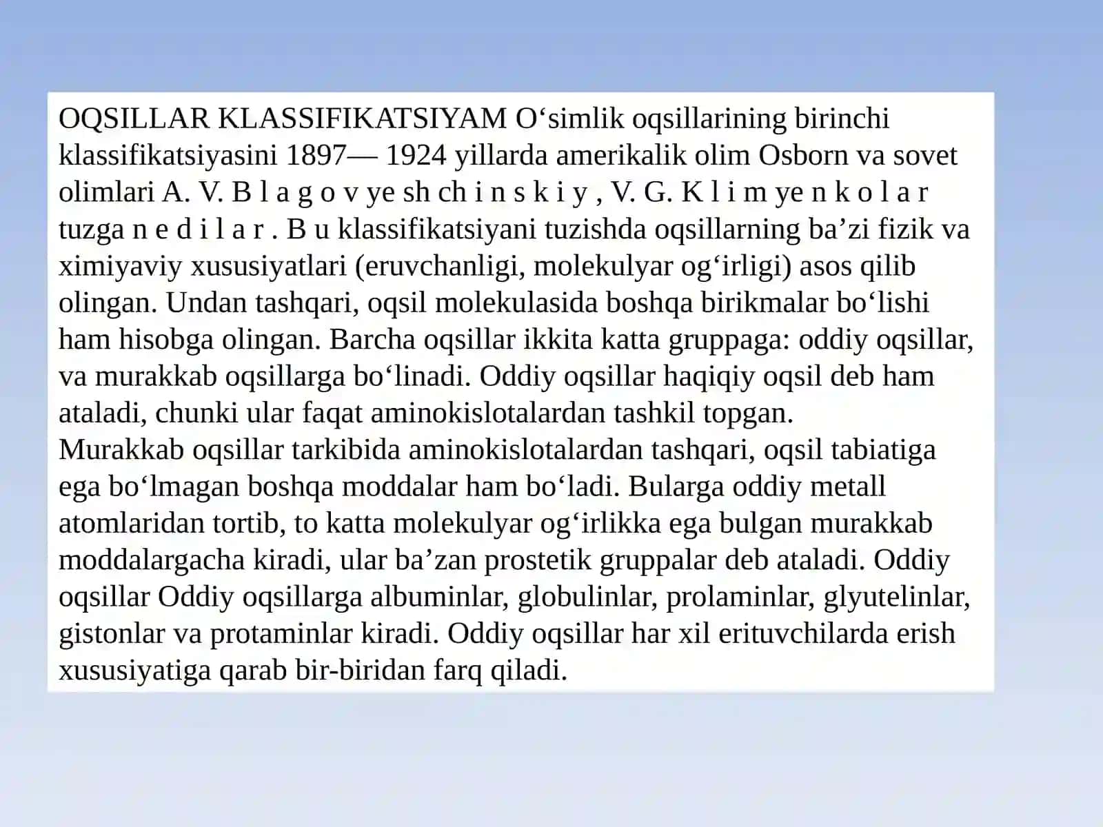DORIVOR O‘SIMLIKLARASOSI – OQSILLAR VAULARTARKIBIGA KIRUVCHIAMINOKISLOTALARVA KLASSIFIKASIYASI 4