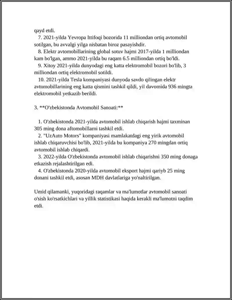 O'ZBEKISTON RESPUBLIKASIDA AVTOMABILASHTIRISH VA YO'L TARMOQLARINING O'SISH KO'RSATKICHLARI 4