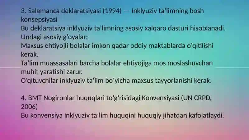 Inklyuziv ta’limning huquqiy asoslari xalqaro hujjatlarda  tahlil qilish 4