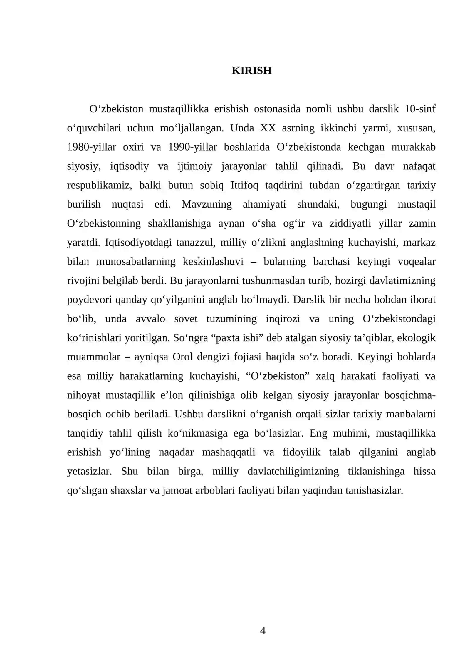 O‘ZBEKISTON MUSTAQILLIKKA ERISHISH OSTONASIDA. 10- SINF 4
