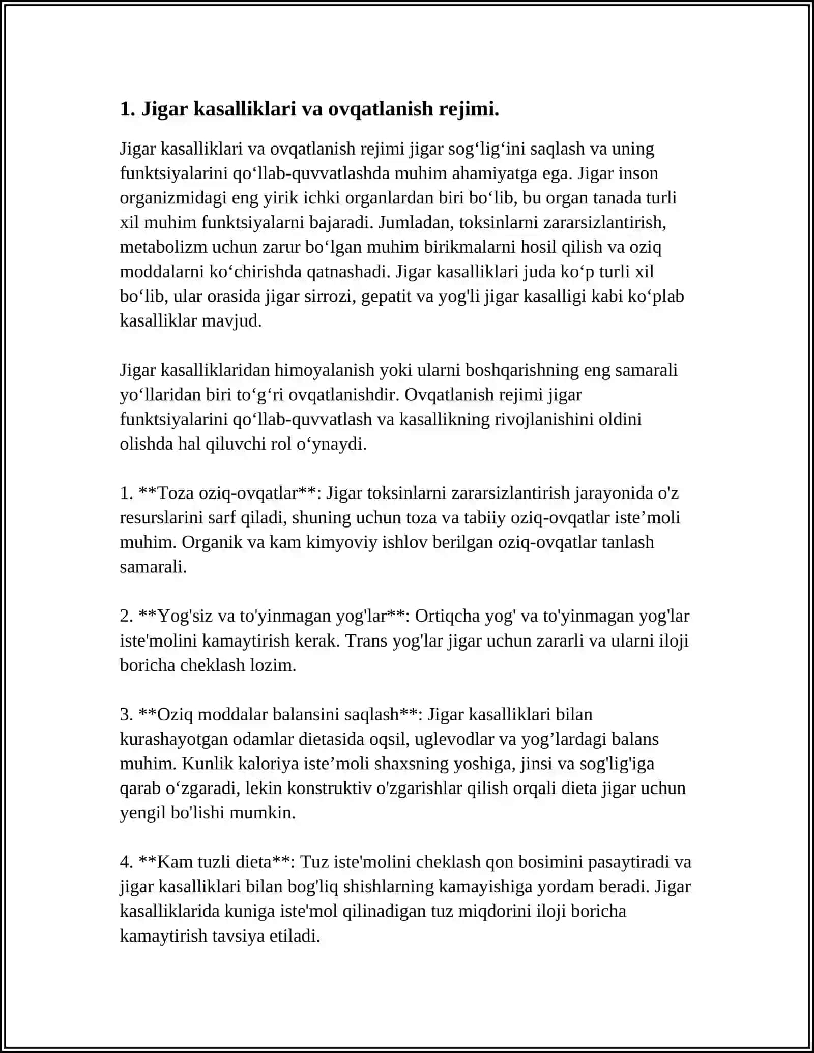 JIGAR VA UT YULLARI KASALLIKLARIDA DAVOLOVCHI OVQATLANISH.RADIOAKTIV MODDALAR BILAN ZARARLANISH.PESTITSIDLAR BILAN OZIQ-OVQAT MAXSULOTLARINING IFLOSLANISHI 4