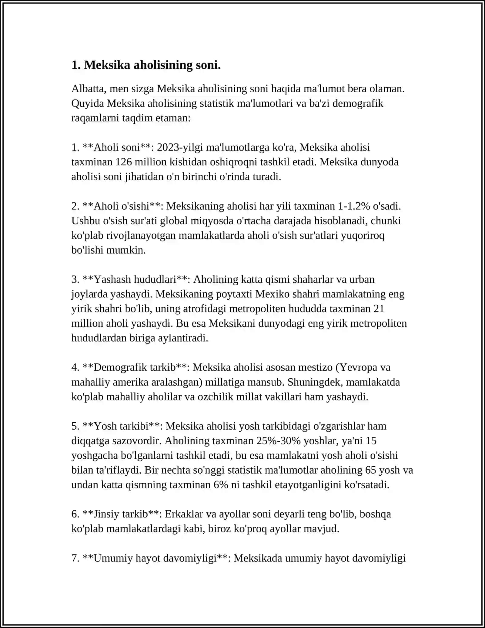 MEKSIKA DAVLATINI EXCEL VARIANTDA AHOLI SONI PUL BIRLIGI YER MAYDONINI ISHLASH 4