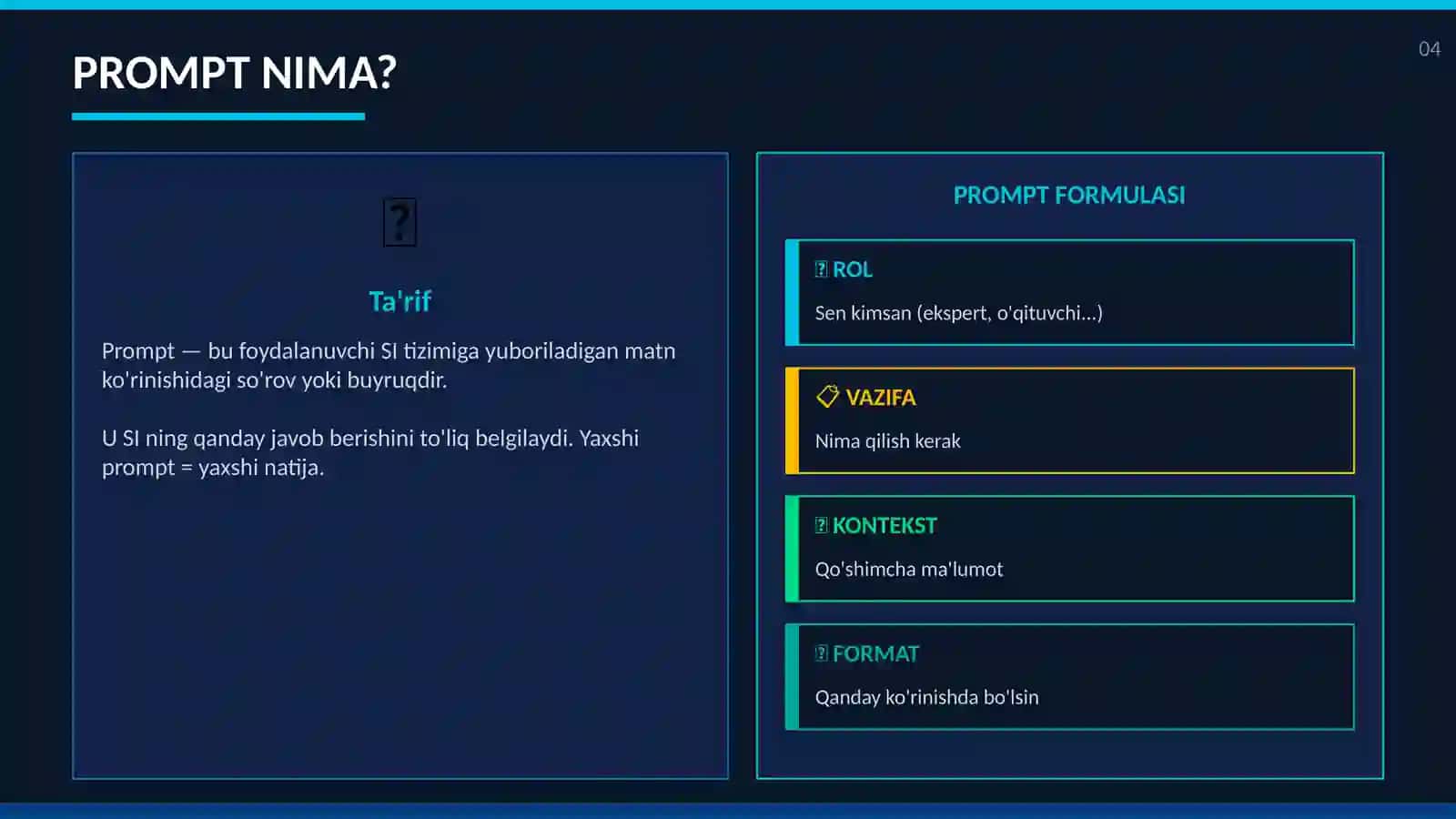 SUNIY INTELLEKTDAN FOYDALANISH TARTIBI VA PROMPT YOZISH QOIDALARI 4